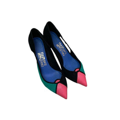 Salvatore Ferragamo Colorblock Suede Pumps - Pink Lizard Toe & Green (Size US 8.5 / EU 39)
