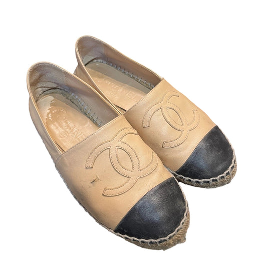 Chanel Beige Lambskin Espadrilles with Black Cap Toe and CC Logo Size 35