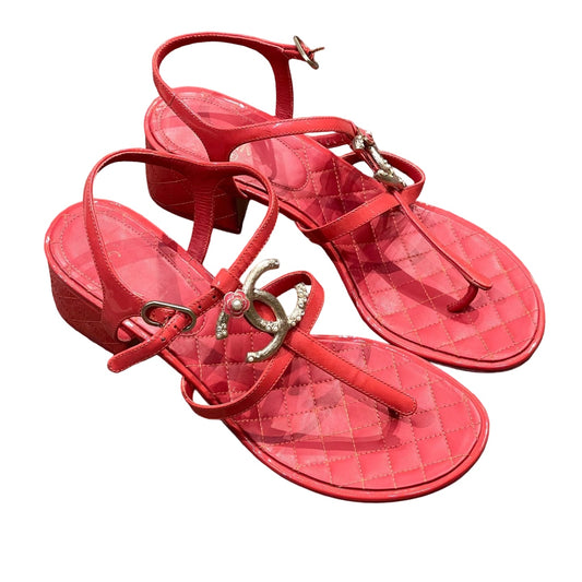 Chanel Red Quilted Block Heel Sandals with Pearl and Crystal CC Camellia Logo