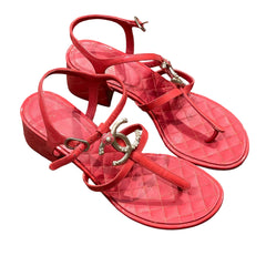 Chanel Red Quilted Block Heel Sandals - Pearl & Crystal CC Logo (Size EU 37.5 / US 7.5)