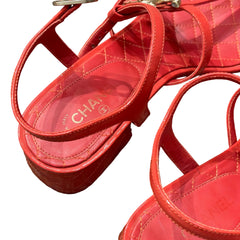 Chanel Red Quilted Block Heel Sandals - Pearl & Crystal CC Logo (Size EU 37.5 / US 7.5)