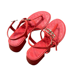 Chanel Red Quilted Block Heel Sandals - Pearl & Crystal CC Logo (Size EU 37.5 / US 7.5)