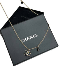 Chanel Classic Interlocking CC Necklace - Gold Tone Textured Pendant (Black Bead Detail)