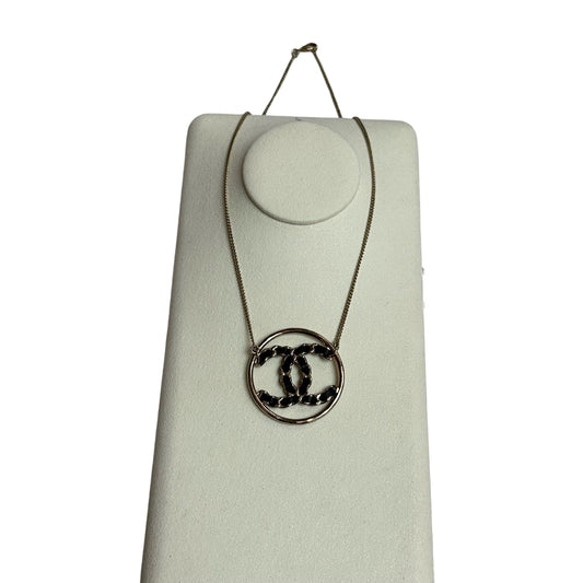 Chanel Interwoven Leather CC Circle Necklace - Gold Tone & Black (Classic Chain Motif)