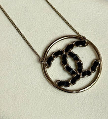 Chanel Interwoven Leather CC Circle Necklace - Gold Tone & Black (Classic Chain Motif)