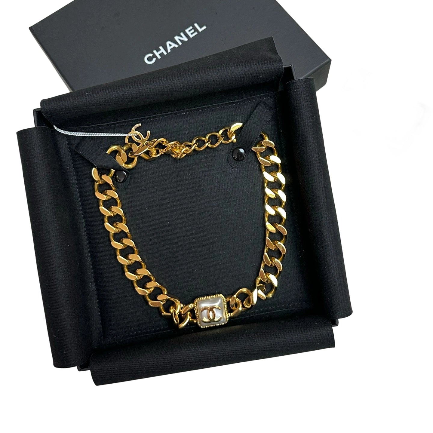 Chanel Chunky Gold Chain Choker with Square Pearl CC Sugar Cube Pendant in Box