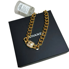Chanel Chunky Gold Chain Choker - Square Pearl CC Logo ("Sugar Cube" Style)