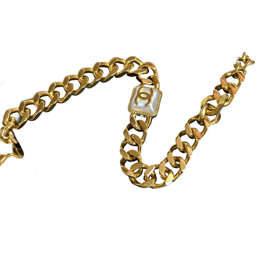 Chanel Chunky Gold Chain Choker - Square Pearl CC Logo ("Sugar Cube" Style)