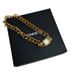 Chanel Chunky Gold Chain Choker - Square Pearl CC Logo ("Sugar Cube" Style)