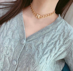 Chanel Chunky Gold Chain Choker - Square Pearl CC Logo ("Sugar Cube" Style)