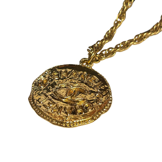 Chanel Vintage "Lava" Coin Necklace - Molten Gold Tone CC Medallion (Rare 90s)