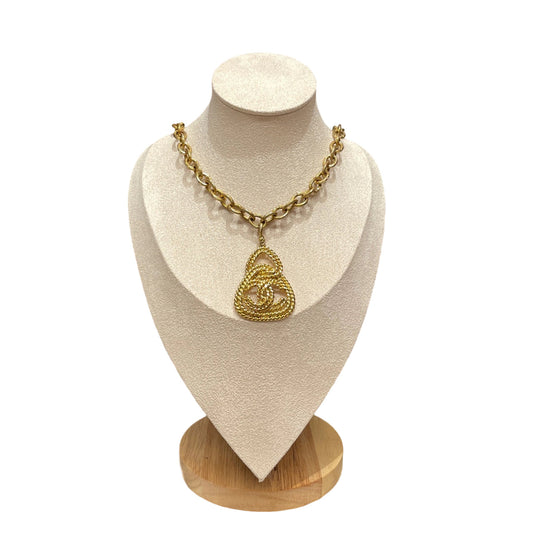 Chanel Vintage Gold Necklace with Wheat Rope Motif Teardrop CC Pendant