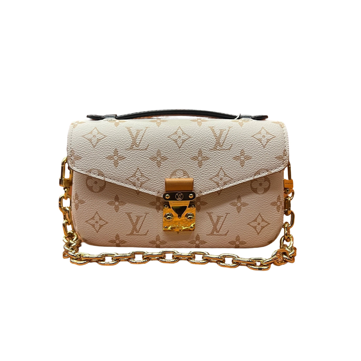 Louis Vuitton Pochette Métis East West Bag in Beige Monogram Empreinte Leather with Gold Chain