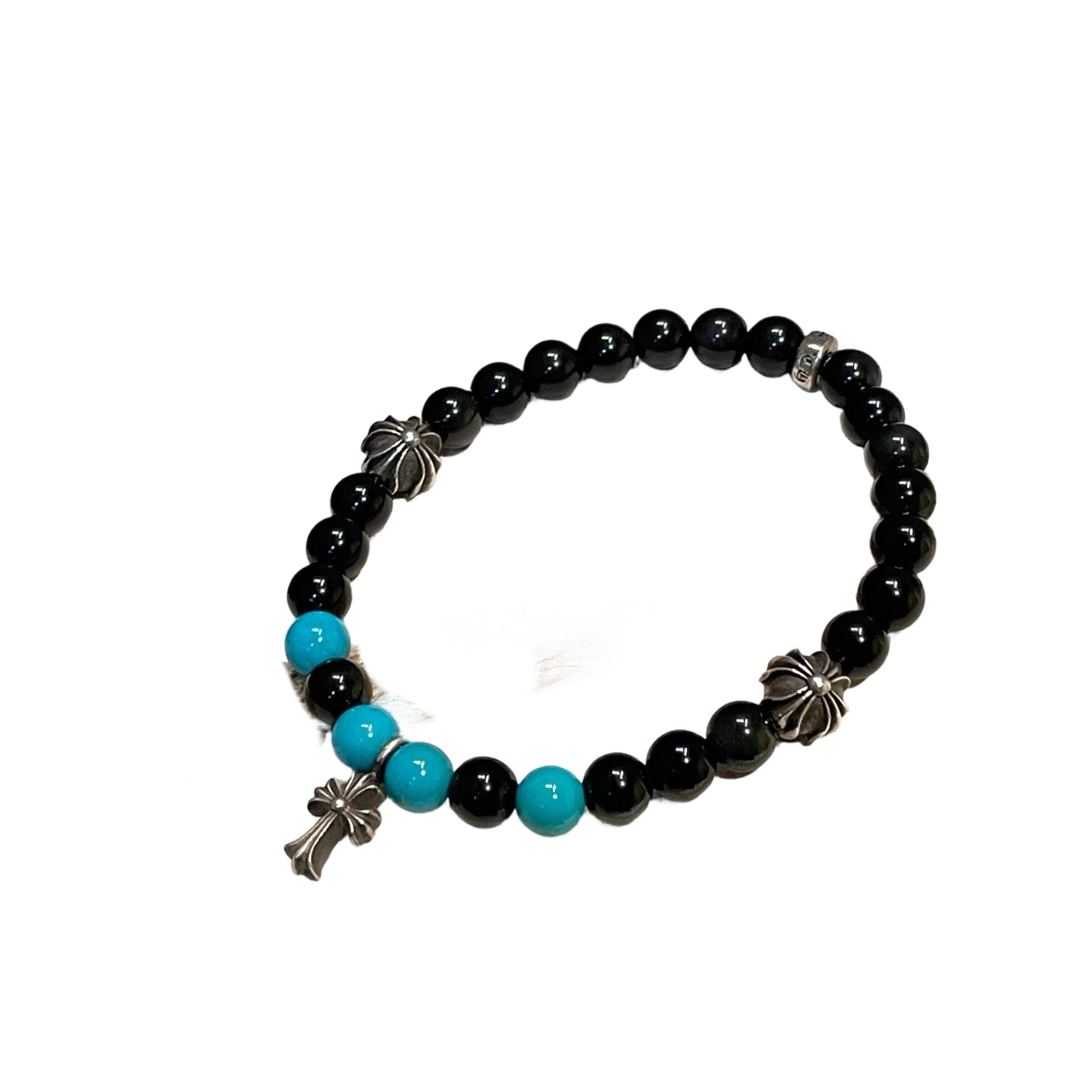 Chrome Hearts Bead Bracelet Black Onyx Turquoise with Babyfat Cross Charm