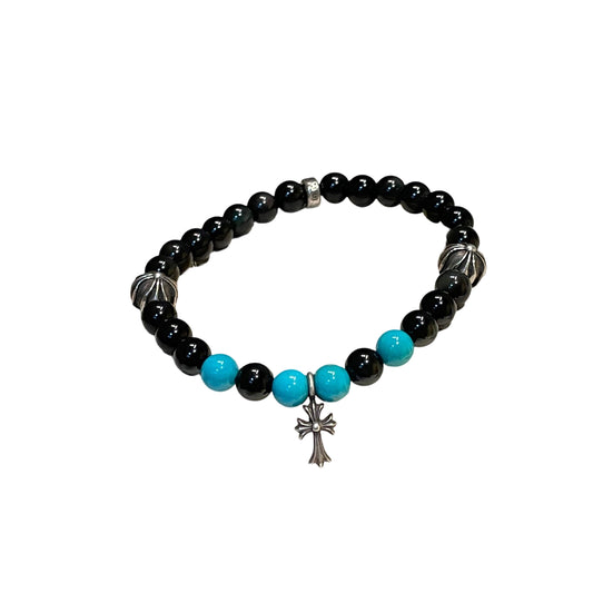Chrome Hearts Bead Bracelet - Black Onyx & Turquoise - Silver Babyfat Cross Charm