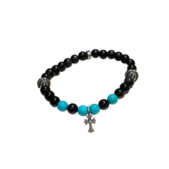 Chrome Hearts Bead Bracelet - Black Onyx & Turquoise - Silver Babyfat Cross Charm