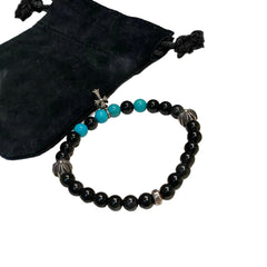 Chrome Hearts Bead Bracelet - Black Onyx & Turquoise - Silver Babyfat Cross Charm