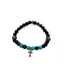 Chrome Hearts Bead Bracelet - Black Onyx & Turquoise - Silver Babyfat Cross Charm