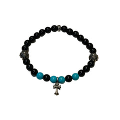 Chrome Hearts Bead Bracelet - Black Onyx & Turquoise - Silver Babyfat Cross Charm
