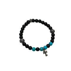 Chrome Hearts Bead Bracelet - Black Onyx & Turquoise - Silver Babyfat Cross Charm