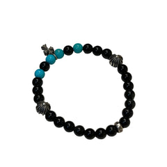 Chrome Hearts Bead Bracelet - Black Onyx & Turquoise - Silver Babyfat Cross Charm
