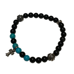 Chrome Hearts Bead Bracelet - Black Onyx & Turquoise - Silver Babyfat Cross Charm