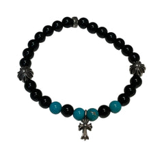 Chrome Hearts Bead Bracelet - Black Onyx & Turquoise - Silver Babyfat Cross Charm