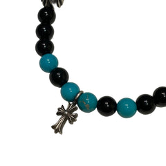 Chrome Hearts Bead Bracelet - Black Onyx & Turquoise - Silver Babyfat Cross Charm