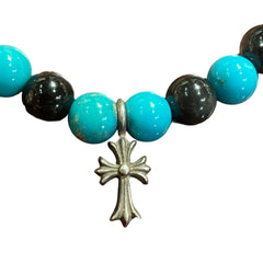 Chrome Hearts Bead Bracelet - Black Onyx & Turquoise - Silver Babyfat Cross Charm