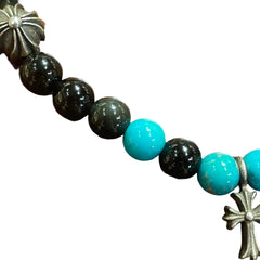 Chrome Hearts Bead Bracelet - Black Onyx & Turquoise - Silver Babyfat Cross Charm