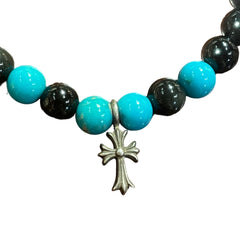 Chrome Hearts Bead Bracelet - Black Onyx & Turquoise - Silver Babyfat Cross Charm