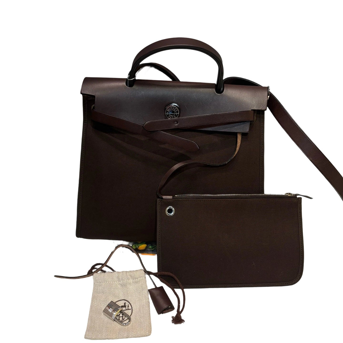 Hermes Herbag Zip 31 Chocolate Brown Canvas with Pouch and Lock Full Set