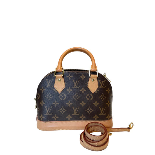 Louis Vuitton Alma BB Monogram canvas dome shaped handbag with detachable leather strap and top handles, front view