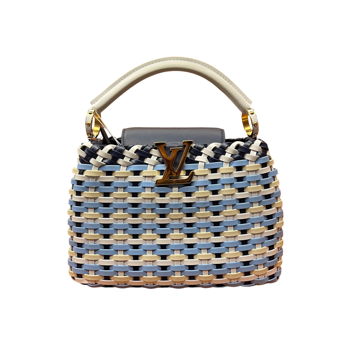 Louis Vuitton Capucines BB Woven Leather Bag Blue and White with Gold Hardware front view