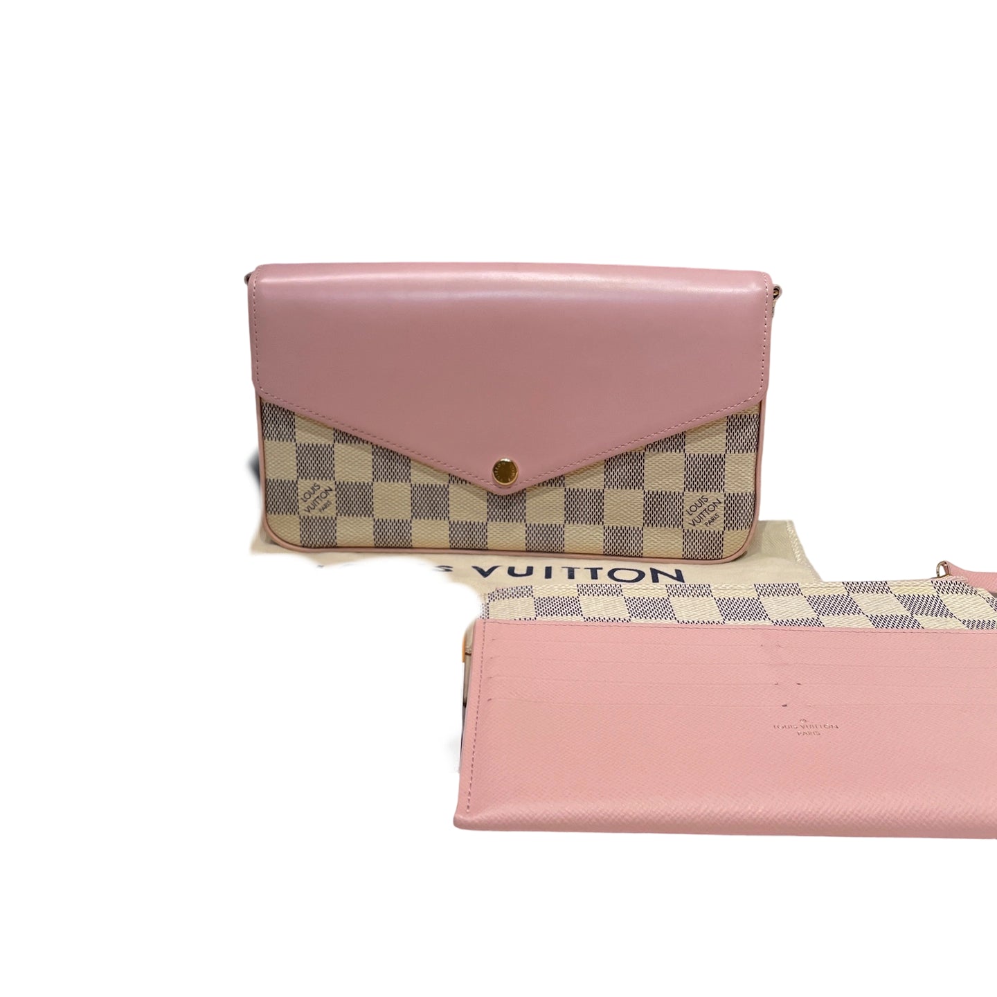 Louis Vuitton Felicie Pochette in Damier Azur white checkerboard canvas with Rose Ballerine pink leather flap, front view with removable inserts