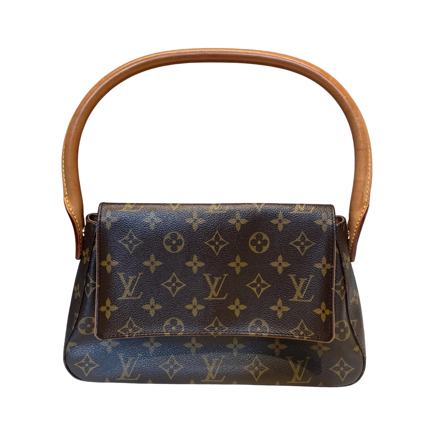 Louis Vuitton Looping MM shoulder bag in Monogram canvas. Features a distinctive arched rolled leather handle (Vachetta) and zipper closure. Front view.