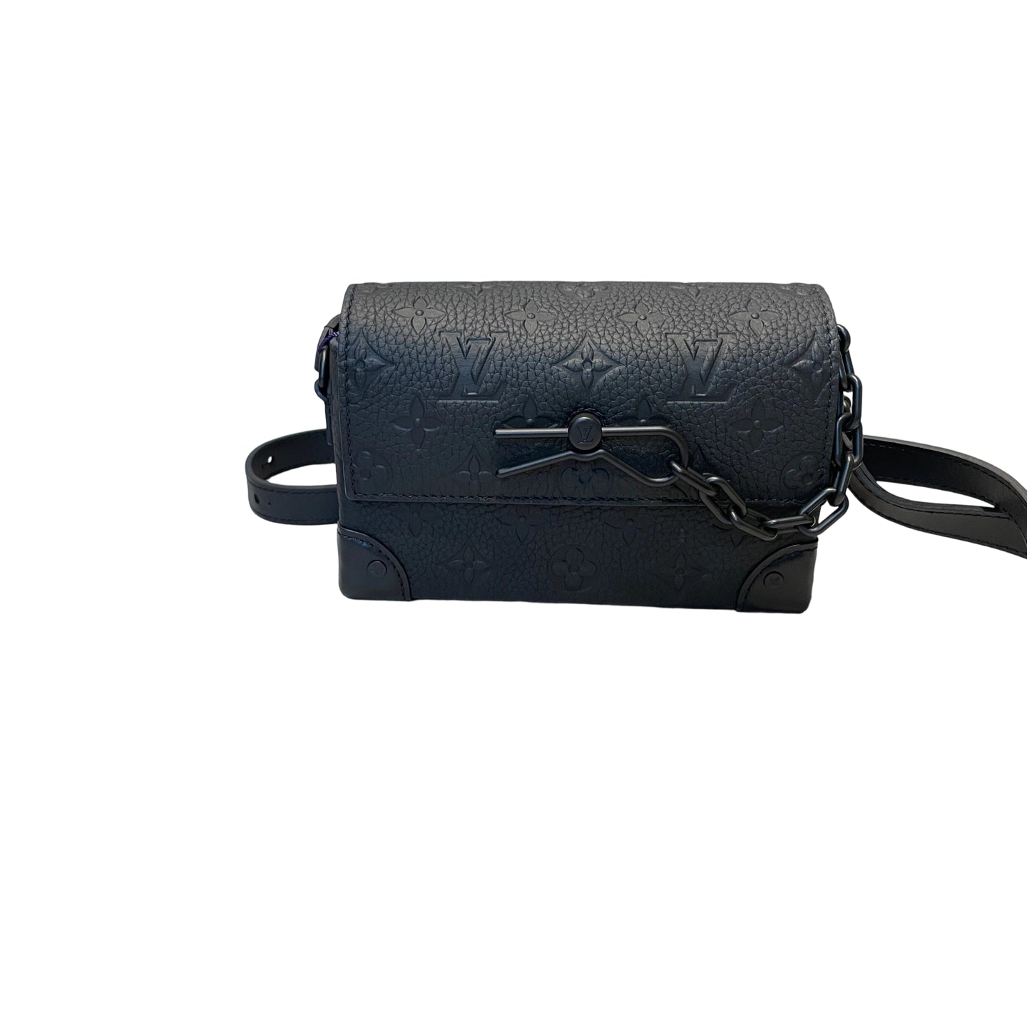 Authentic Louis Vuitton Steamer Wearable Wallet in black embossed Monogram Taurillon leather with matte black chain and safety pin closure