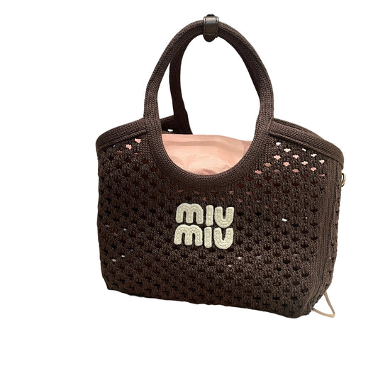 Miu Miu IVY cotton net mesh handbag in Japan limited edition chestnut brown with cream white embroidered logo