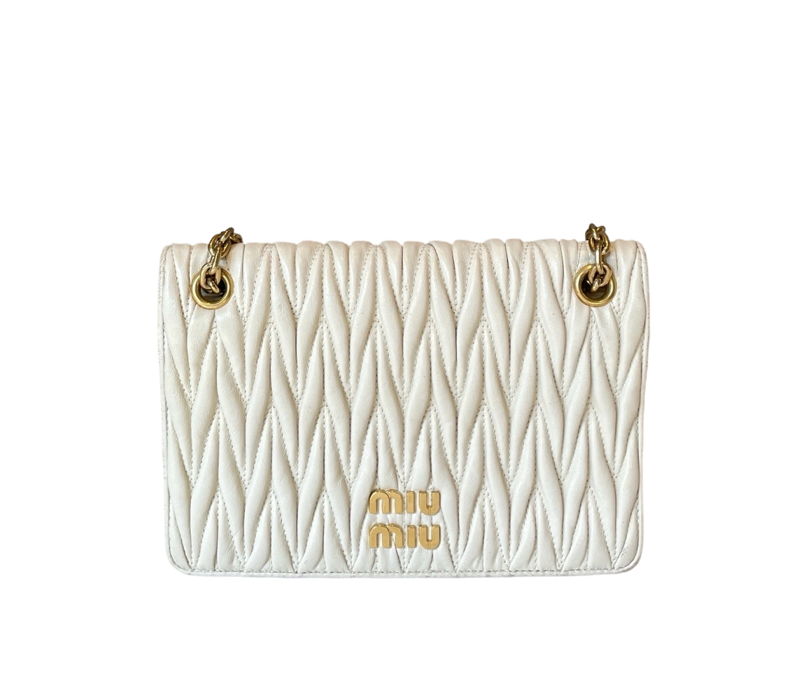 Miu Miu Matelassé White Nappa Leather Chain Bag with Gold Hardware Front View