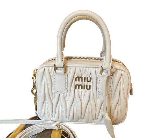 Miu Miu Matelassé White Nappa Leather Bowling Bag with Top Handle and Strap