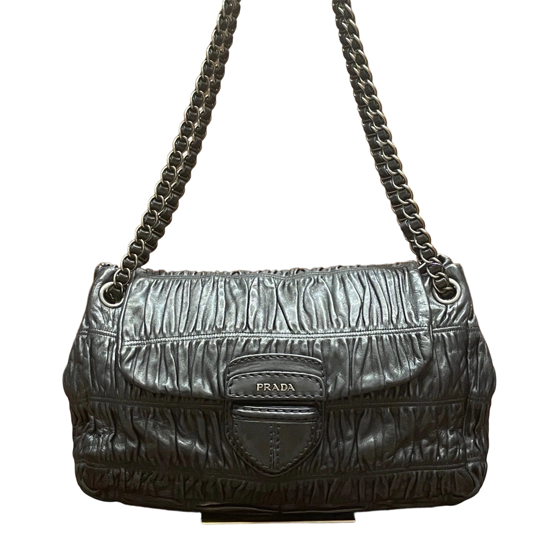 Vintage Prada Black Gauffre Nappa Leather Flap Bag with Chain Strap and Silver Logo