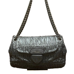 Vintage Prada Black Gauffre Nappa Leather Flap Bag with Chain Strap and Silver Logo