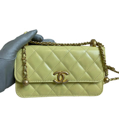 Chanel 24C Phone Holder with Chain | Yellow Calfskin | Double Gold Bead Adjustable Strap | Excellent Condition